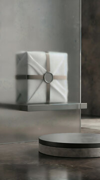 Preorder product package behind frosted glass with empty podium