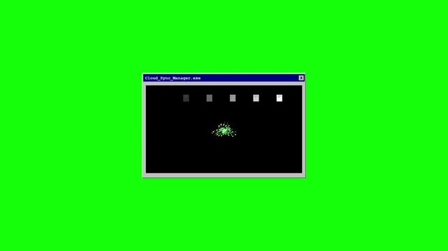 Retro computer window interface animation on green screen background.