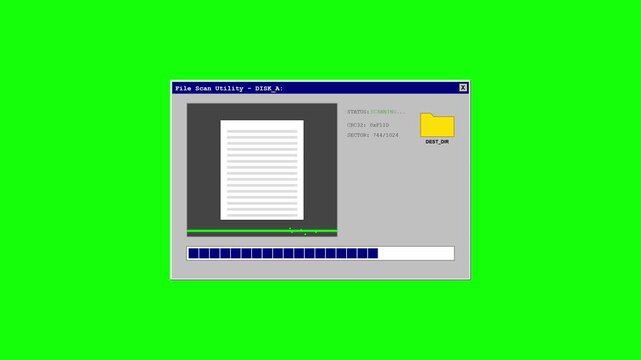 Retro computer window scanning a document with progress bar on green screen background.