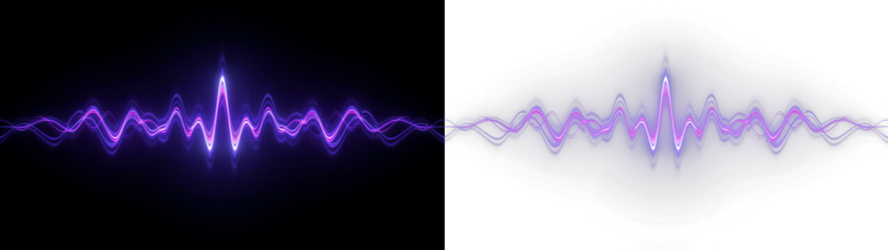 Abstract purple glowing sound wave pulse design, digital audio waveform visualization, futuristic energy frequency lines on black and transparent background