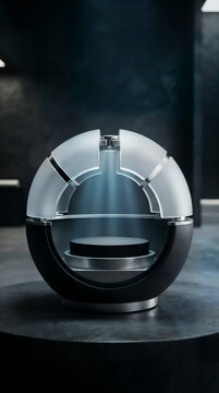 Futuristic product capsule opening over illuminated display pedestal