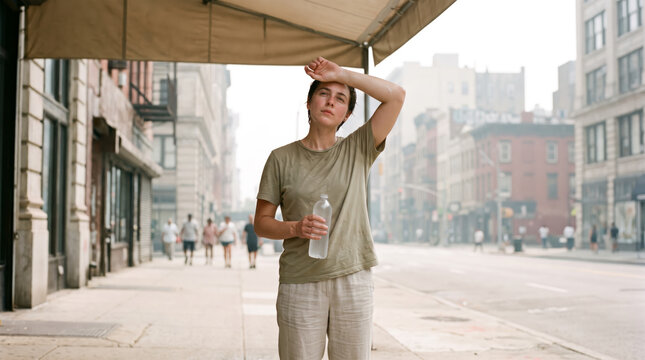 Exhausted young woman wiping sweat from forehead holding a water bottle on an urban city street during an intense summer heatwave.
