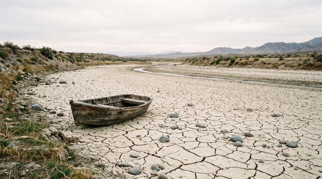 Old wooden boat abandoned on a dry cracked riverbed landscape during a severe drought. Water scarcity and dried river climate crisis concept.