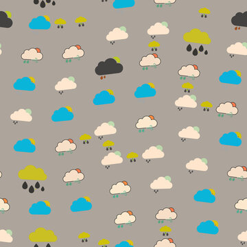 Seamless pattern of cartoon clouds with weather elements