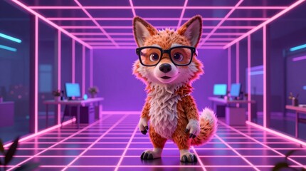 Fototapeta premium Adorable cartoon fox wearing glasses poses in a neon-lit office. The vibrant setting adds a fun, modern touch to this creative, fluffy character design.