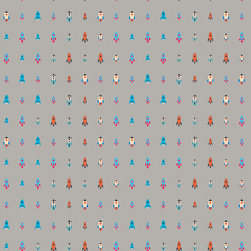 Seamless pattern of cartoon rockets in blue and orange
