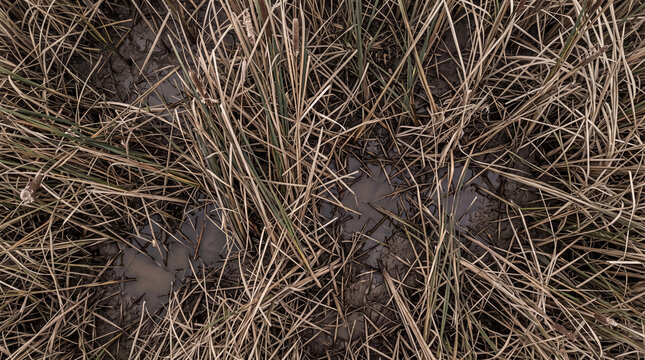 Dried marsh grass and cattails over muddy wetland ground