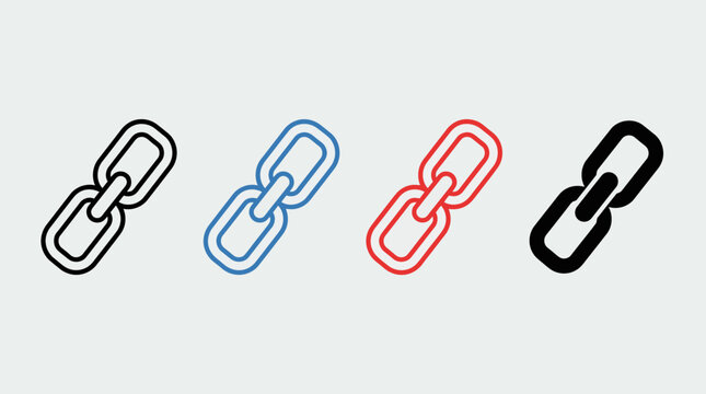 Minimal chain link icon collection featuring connection symbols, hyperlink markers, networking elements, monochrome vector design, modern style.
