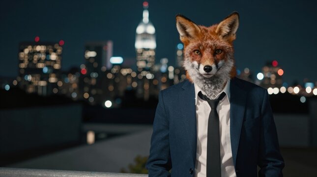 A surreal business man with a fox head, standing in a vibrant urban night skyline, wearing unique animal and professional attire