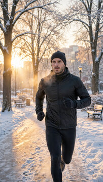 Active winter lifestyle running outdoors in a snowy urban park at sunrise with golden light.