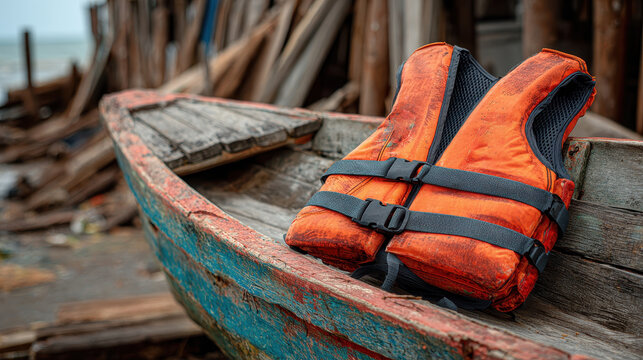Weathered boat rests on the shore with a vintage orange life jacket placed on the beam under a cloudy sky