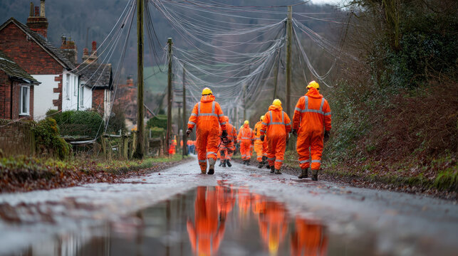 Workers in orange protective suits walk on a rural road during a project on a cloudy day