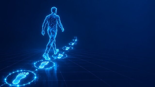 Digital human figure walking on glowing footprints as a data wireframe path. food day with data trail future steps walking progress cybernetic human data journey. food day