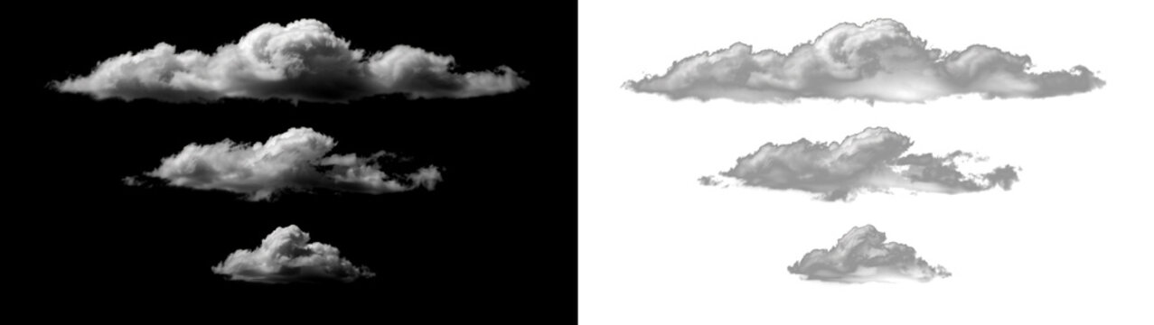 Set of three realistic cumulus clouds isolated on transparent background, fluffy white clouds collection for digital composition and sky replacement