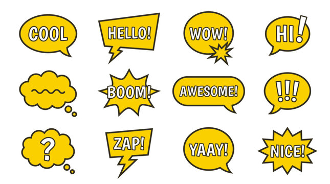 Varied yellow comic stickers with action sound words