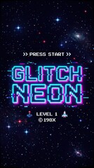 Fototapeta premium Retro pixel art video game screen with glitch text neon effect and space background for gaming concept