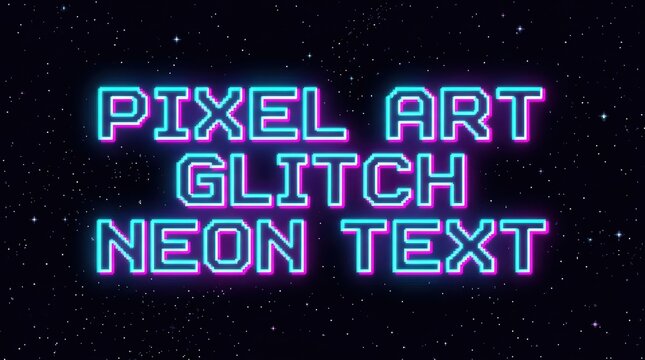 Pixel art glitch neon text style with retro digital effect and blue light on a dark starry background