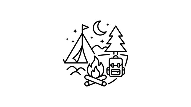 Outdoor camping scene with tent and campfire line art.