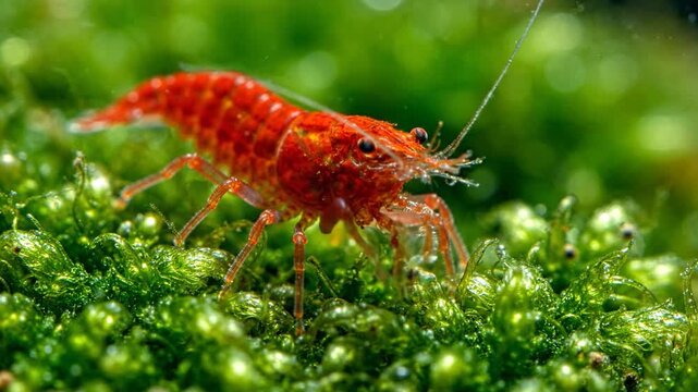 Close-up of a vibrant red cherry shrimp crawling on lush green moss in an aquarium