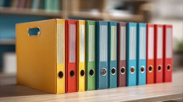Office folder displayed on a clean wooden surface with other folders arranged next to it in various colors for organization