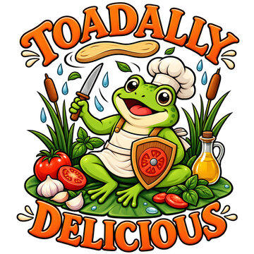 Toadally Delicious Chef Frog with Vegetables T-Shirt Design, Funny Cooking Frog Illustration, Kitchen Pun Sublimation PNG