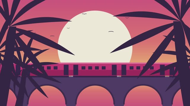 Minimalist animated train crossing a bridge at sunset