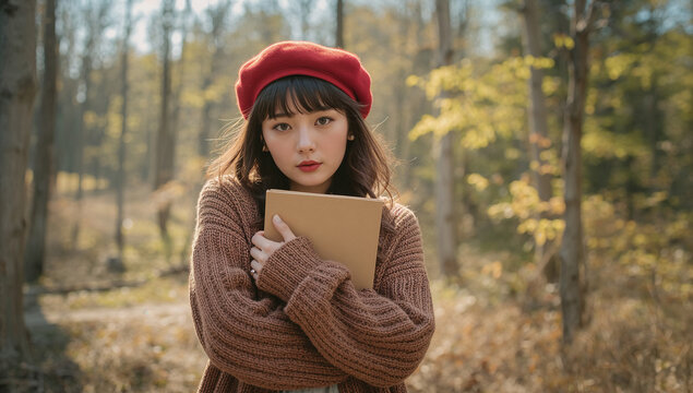 秋の森で本を抱える赤いベレー帽の若い女性