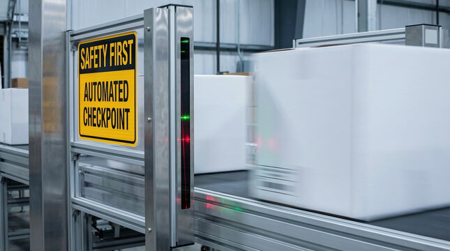 Automated checkpoint scanning boxes on conveyor belt in modern warehouse, ensuring industrial logistics and safety protocols.