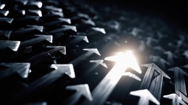 A singular bright arrow emerges from a multitude of dark, shadowed arrows. ..Created with Generative AI, not depicting real subjects.
