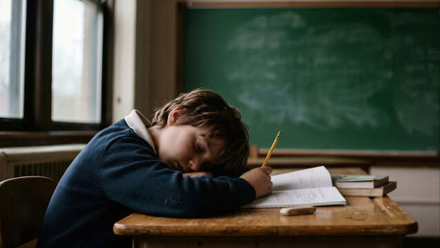 Child resting head on school desk with pencil and notebook, depicting student fatigue and academic stress.