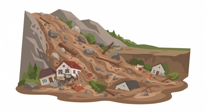 An illustration depicting natural disasters specifically landslides and flash floods carrying mud and rocks that destroy houses set against a white background
