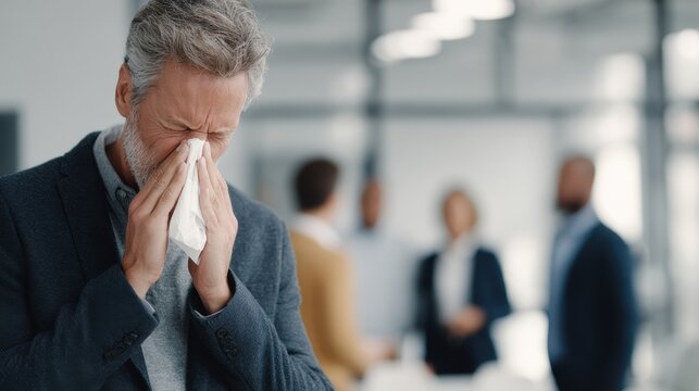 Faceless man blowing his nose in a bright modern office during a busy workday