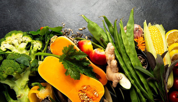 Fresh raw vegetables and fruits.