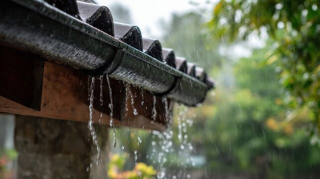 Rainwater cascading from the roof gutter during a downpour in a residential area surrounded by greenery in a rainy season