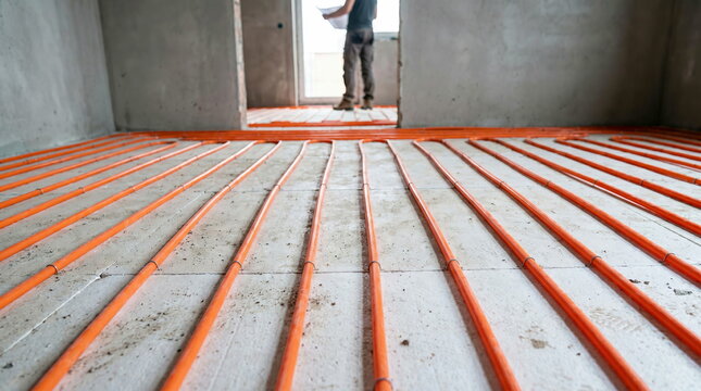 Underfloor heating system orange pipes being installed in unfinished room construction site, modern comfortable home design.
