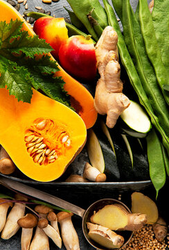 Fresh raw vegetables and fruits.