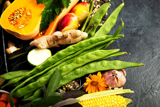 Fresh raw vegetables and fruits.