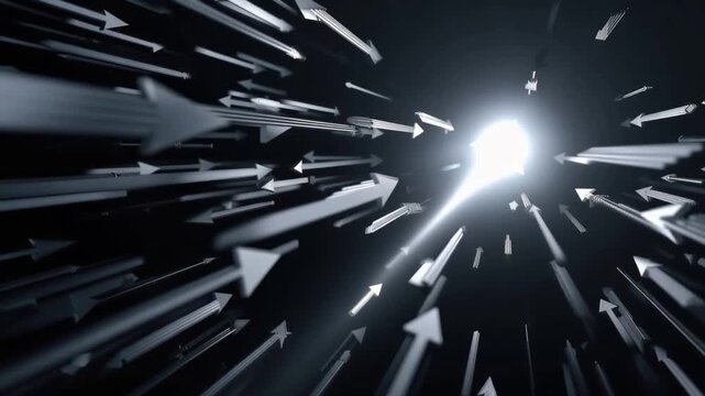 Abstract digital art representing a swarm of arrows converging towards a bright light source, symbolizing direction, focus, and progress. ..Created with Generative AI, not depicting real subjects.