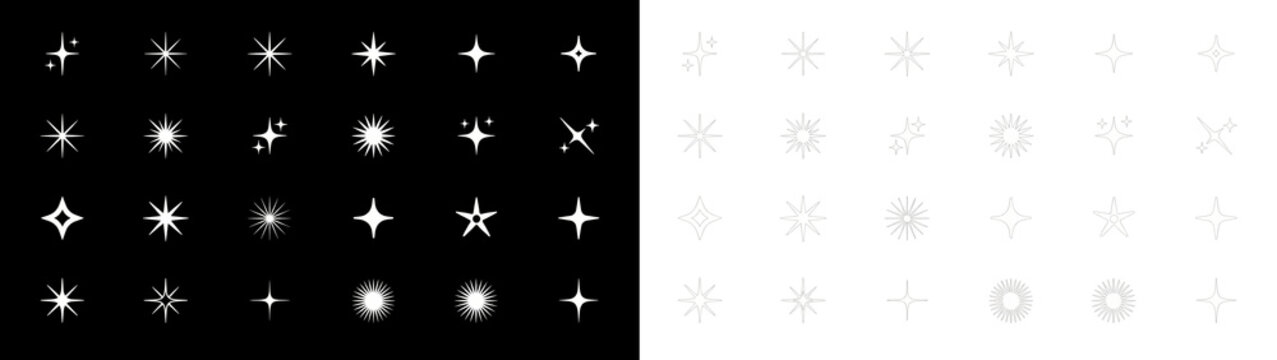 Set of star icons, sparkles, and glitter elements vector collection of various star shapes for design, decoration, and ui elements isolated on transparent background