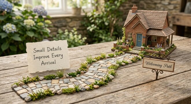 Charming Miniature Cottage with Stone Pathway in a Whimsical Garden Setting
