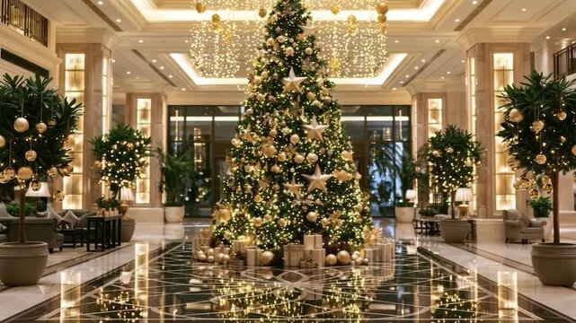 Festive christmas tree with golden ornaments illuminating a lavish hotel lobby