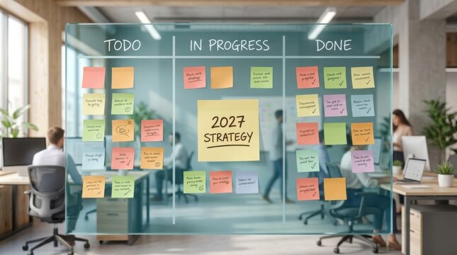 Team planning 2027 strategy on a Kanban board in a modern office with natural light