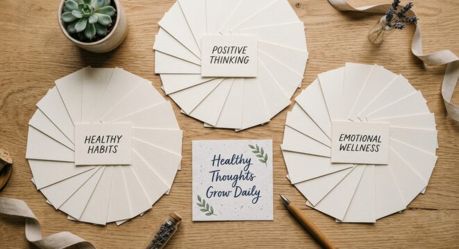 Flat lay of blank affirmation cards with inspirational phrases on a wooden desk