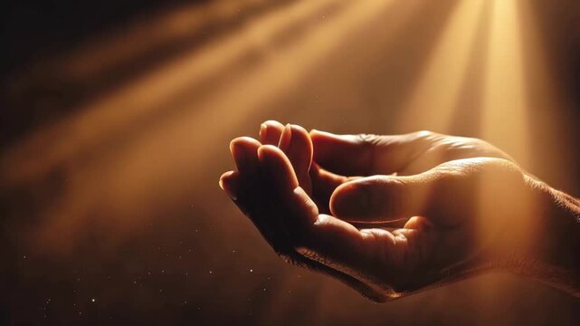 Open hands catching rays of divine light, evoking a sense of hope, faith, and spiritual connection in a moment of serene contemplation. ..Created with Generative AI, not depicting real subjects.