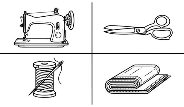 Sewing icons set vector of line art sewing machine scissors thread spool and fabric for crafting and diy logo