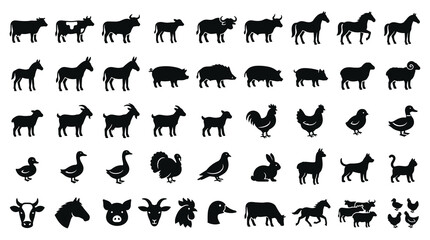 Obraz premium Farm Livestock Silhouette Vector Set Featuring Cattle, Poultry, Horses, Sheep, Goats, Pigs, Rabbits and Rural Agriculture Animals