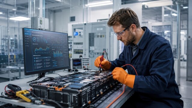 Engineer works on battery technology in a lab setting with computer screen displaying data and charts in a modern facility during daylight hours