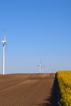 Wind turbines at sunset in green field &ndash; renewable energy, clean power, sustainable future.