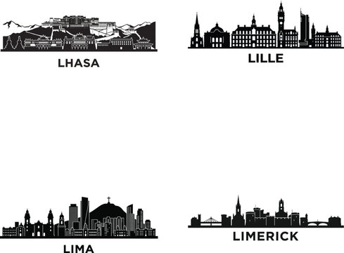 Silhouette skylines graphic vector illustration featuring global city landmarks like Lhasa and Lima and Lille and Limerick