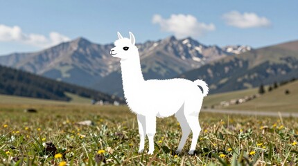 Obraz premium A cheerful cartoon llama stands in a lush mountain landscape, surrounded by vibrant flowers and serene skies. Perfect for nature-themed projects.